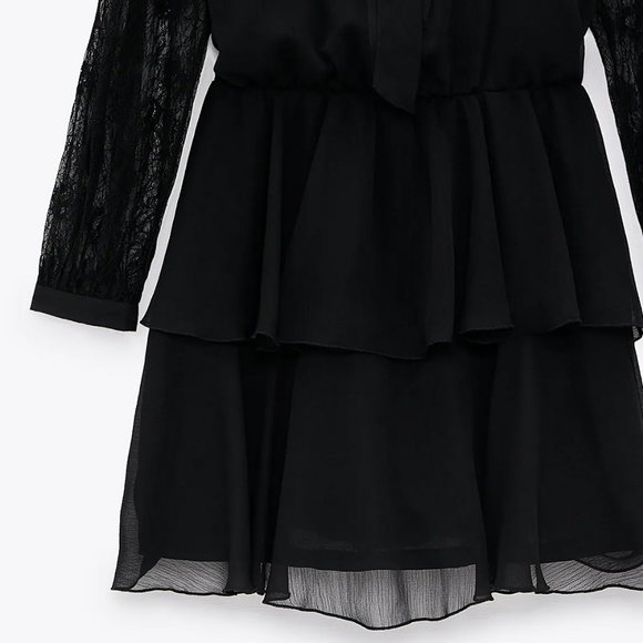 NEW Zara Black Lace Bow Neck Ruffled Mini Dress - Picture 10 of 11